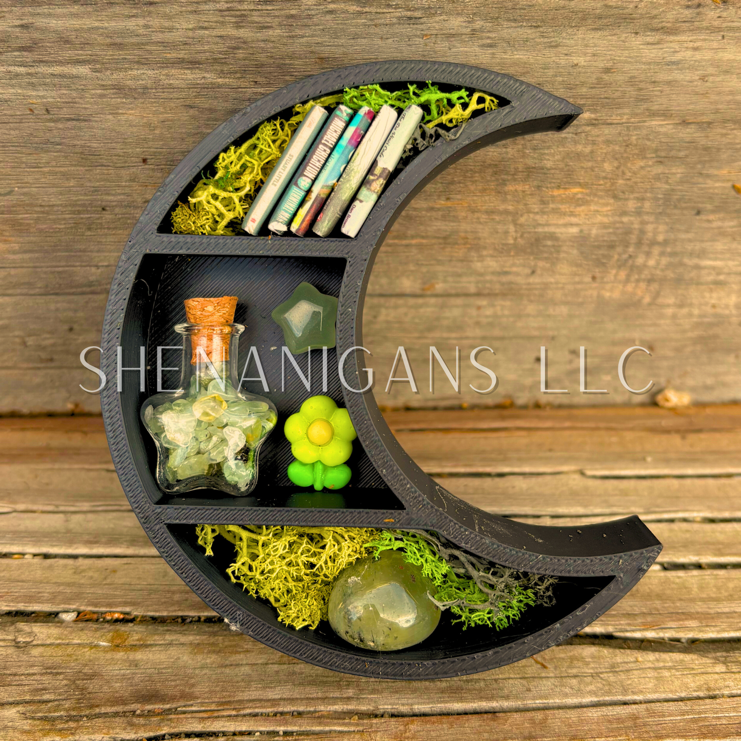 Mini Crescent Moon Crystal Shelf | 3D Printed Moon Display with Handpicked Crystals, Moss & Trinkets Magnet