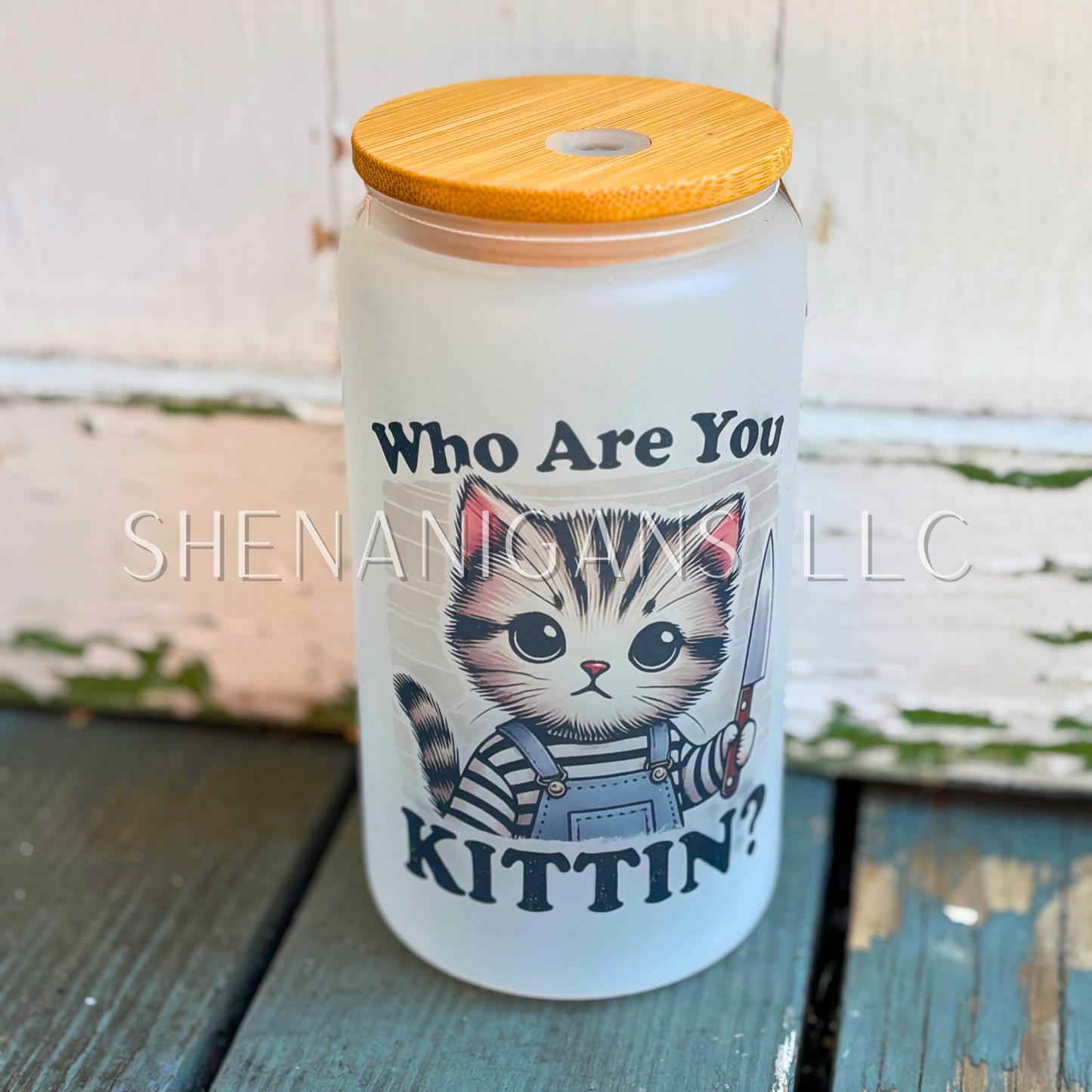 Who Are You Kitten? Glass Tumbler Bamboo Lid, Halloween Cat with Knife