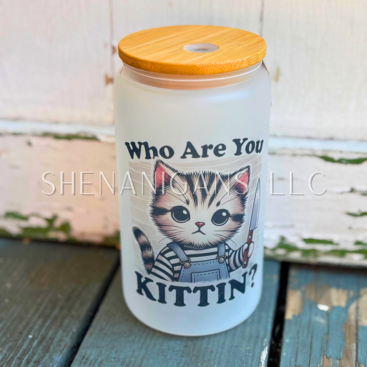 Who Are You Kitten? Glass Tumbler Bamboo Lid, Halloween Cat with Knife
