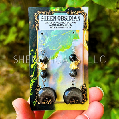 Silver Sheen Obsidian Crescent Moon Earrings