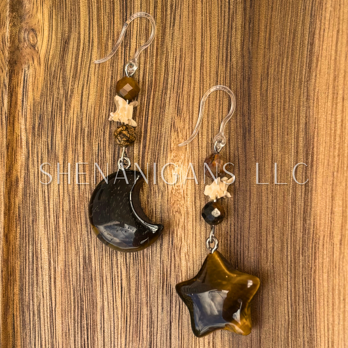 Tiger’s Eye Moon & Star Earrings – Crystal Carving with Pietersite Beads & Snake Vertebrae