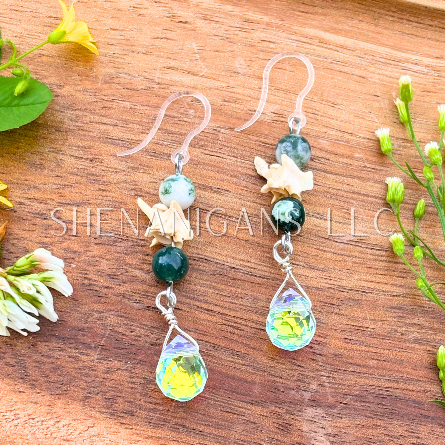 Rattlesnake Vertebrae Dangle Earrings with Crystal & Clear Teardrop Briolette