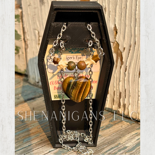 Tiger’s Eye Carved Heart Necklace with Rattlesnake Vertebrae