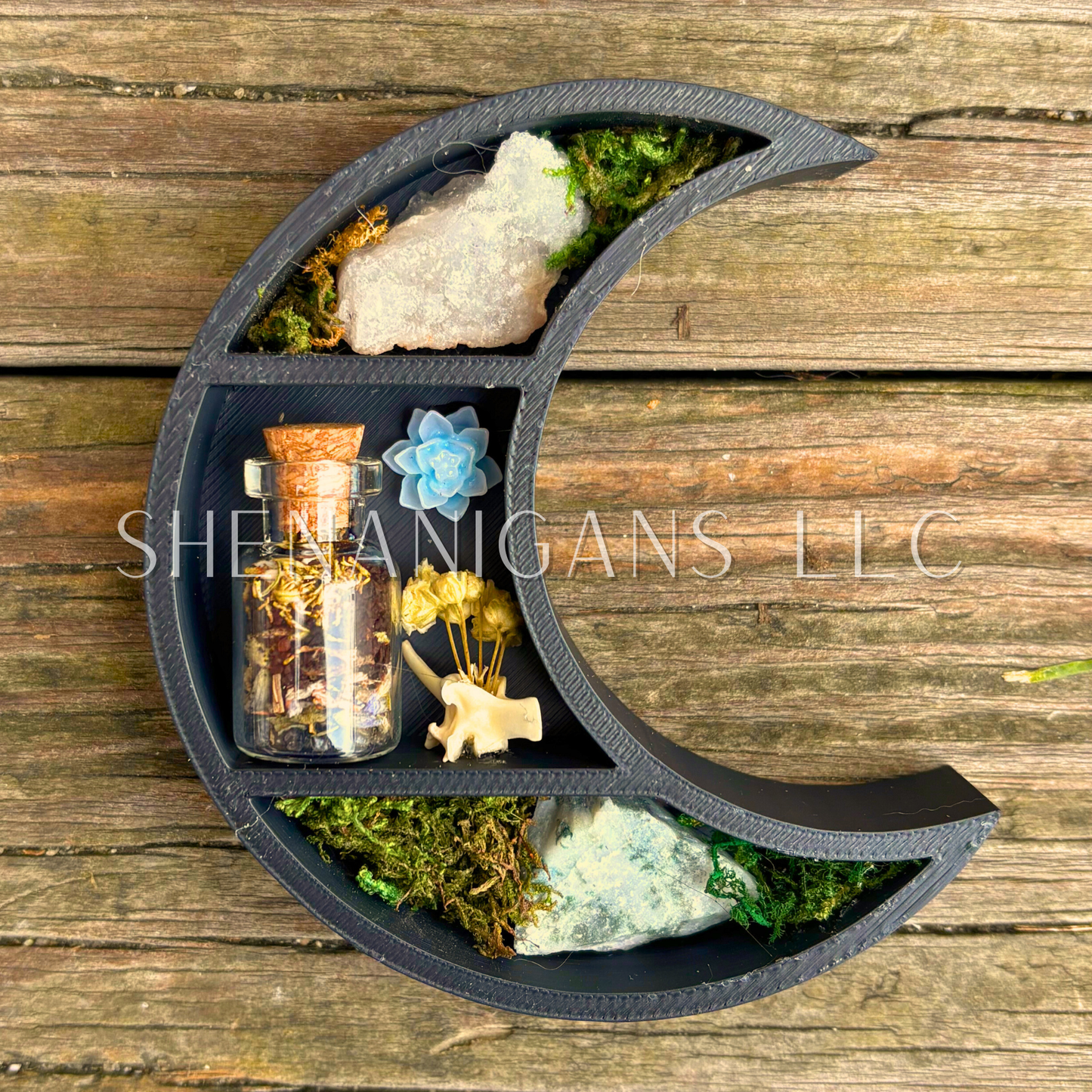 Protection Spell - Mini Crescent Moon Crystal Shelf | 3D Printed Moon Display with Handpicked Crystals, Moss & Trinkets Magnet
