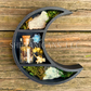 Protection Spell - Mini Crescent Moon Crystal Shelf | 3D Printed Moon Display with Handpicked Crystals, Moss & Trinkets Magnet