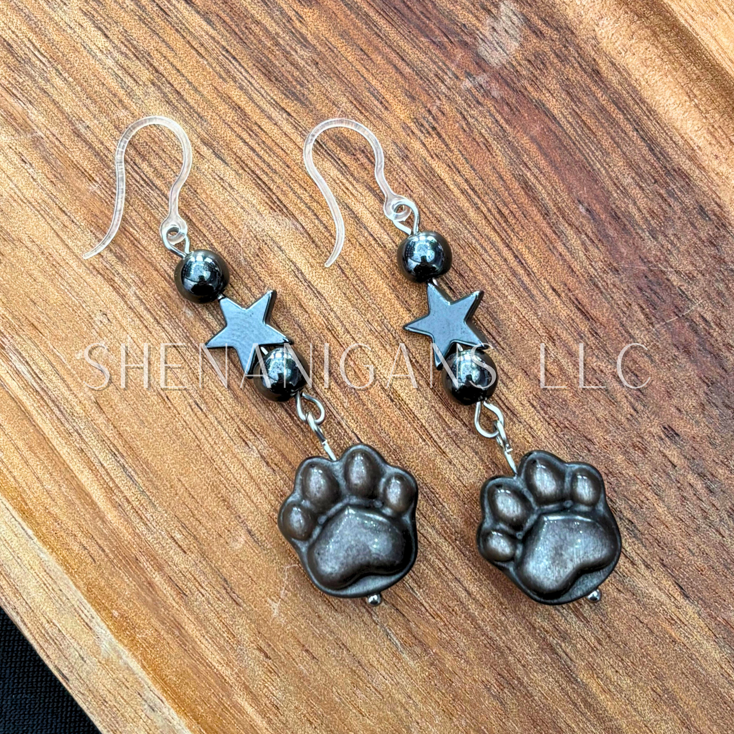 Silver Sheen Obsidian Puffy Paw Print Earrings with Hematite Beads & Rattlesnake Vertebrae