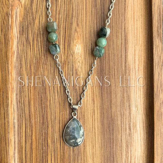 Moss Agate Teardrop Pendant Necklace