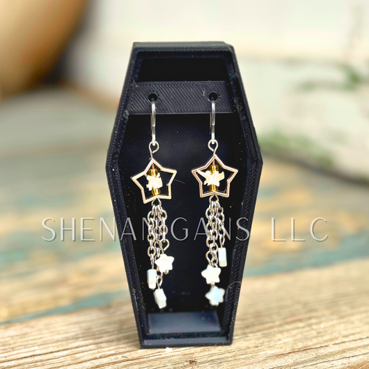Shooting Star Earrings with White Mother of Pearl Stars & Rattlesnake Vertebrae – Handmade Celestial Coffin Display