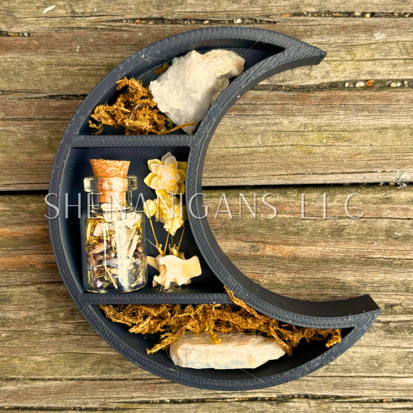 Protection Spell - Mini Crescent Moon Crystal Shelf | 3D Printed Moon Display with Handpicked Crystals, Moss & Trinkets Magnet