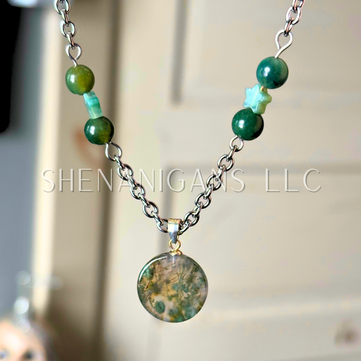 Moss Agate Circle Pendant Necklace with Snake Vertebrae