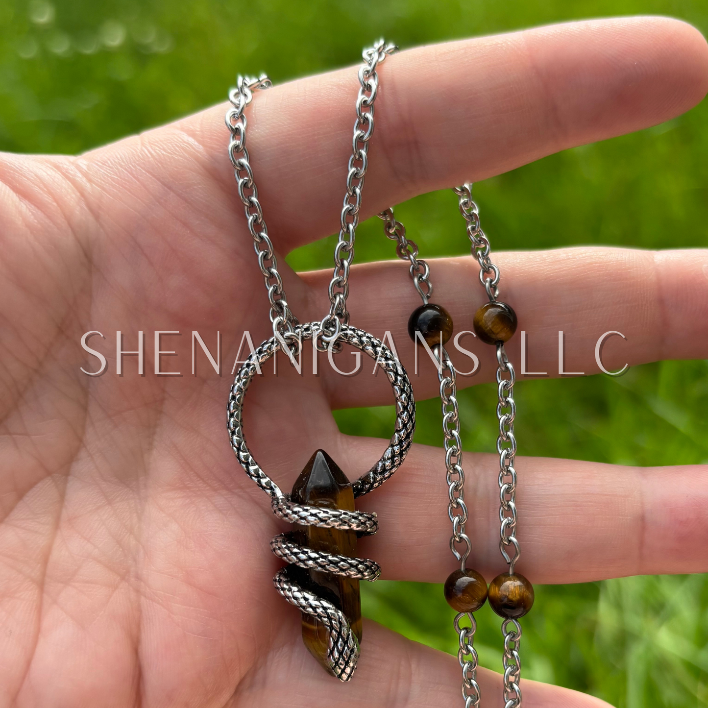 Tigers Eye Double Point Wrapped Alloy Snake Necklace