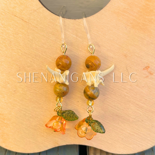 Orange and Gold Bell Flower Dangle Earrings with Snake Vertebrae and Crystal Beads