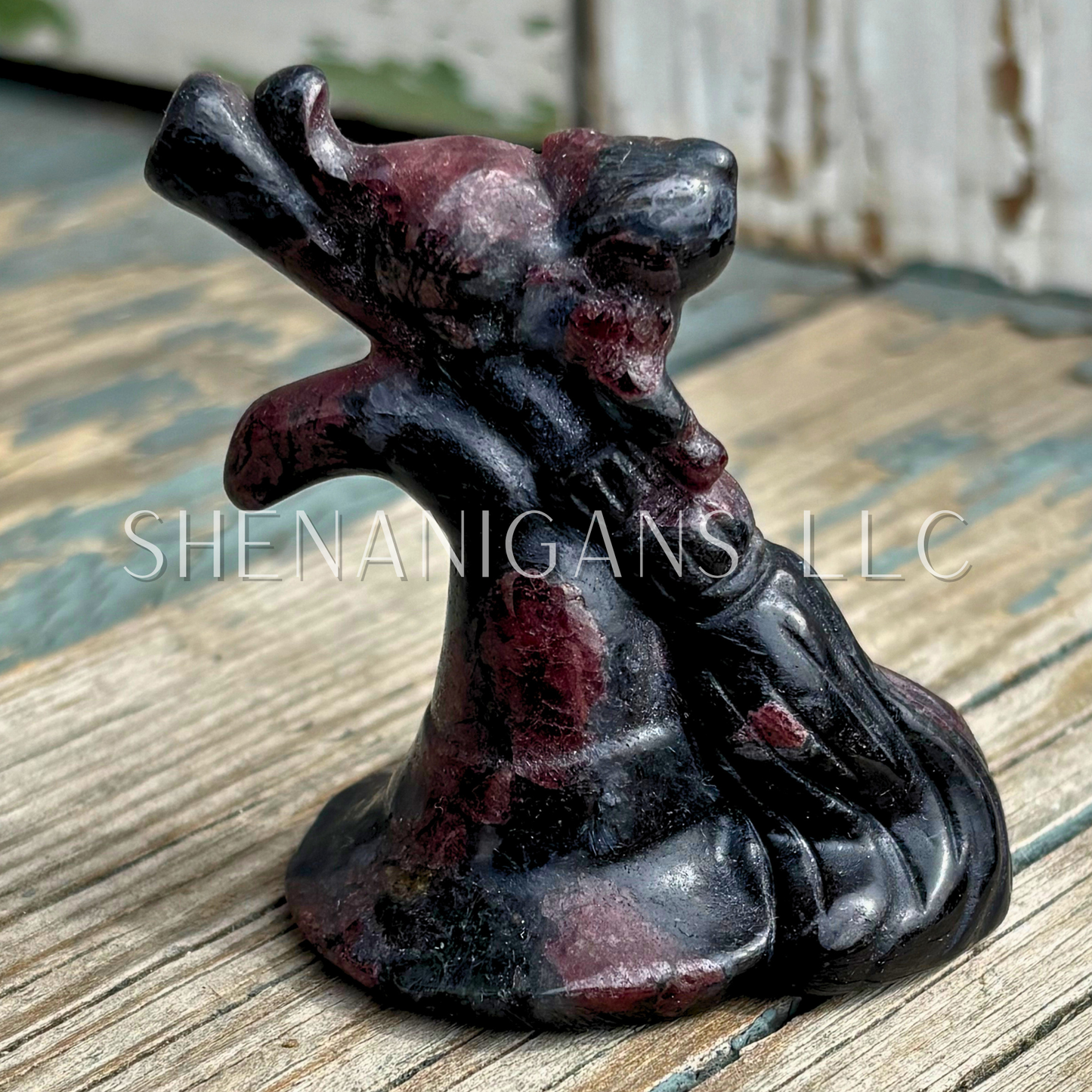 Witch Hat, Broom, Black Cat - Garnet - Crystal Carving