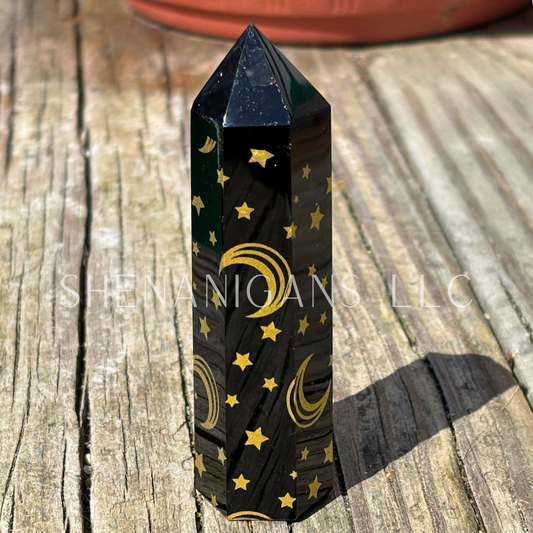 Printed Stars and Moon on Obsidian Polished Point Mineral Specimen Gemstone Crystal Obelisk Wand