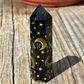 Printed Stars and Moon on Obsidian Polished Point Mineral Specimen Gemstone Crystal Obelisk Wand