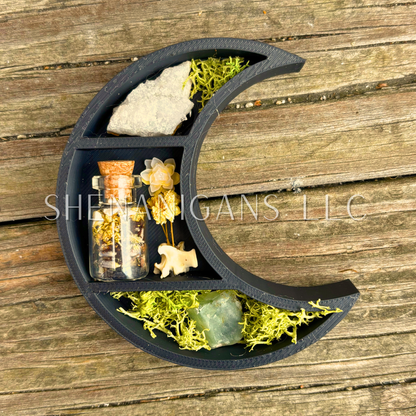 Protection Spell - Mini Crescent Moon Crystal Shelf | 3D Printed Moon Display with Handpicked Crystals, Moss & Trinkets Magnet