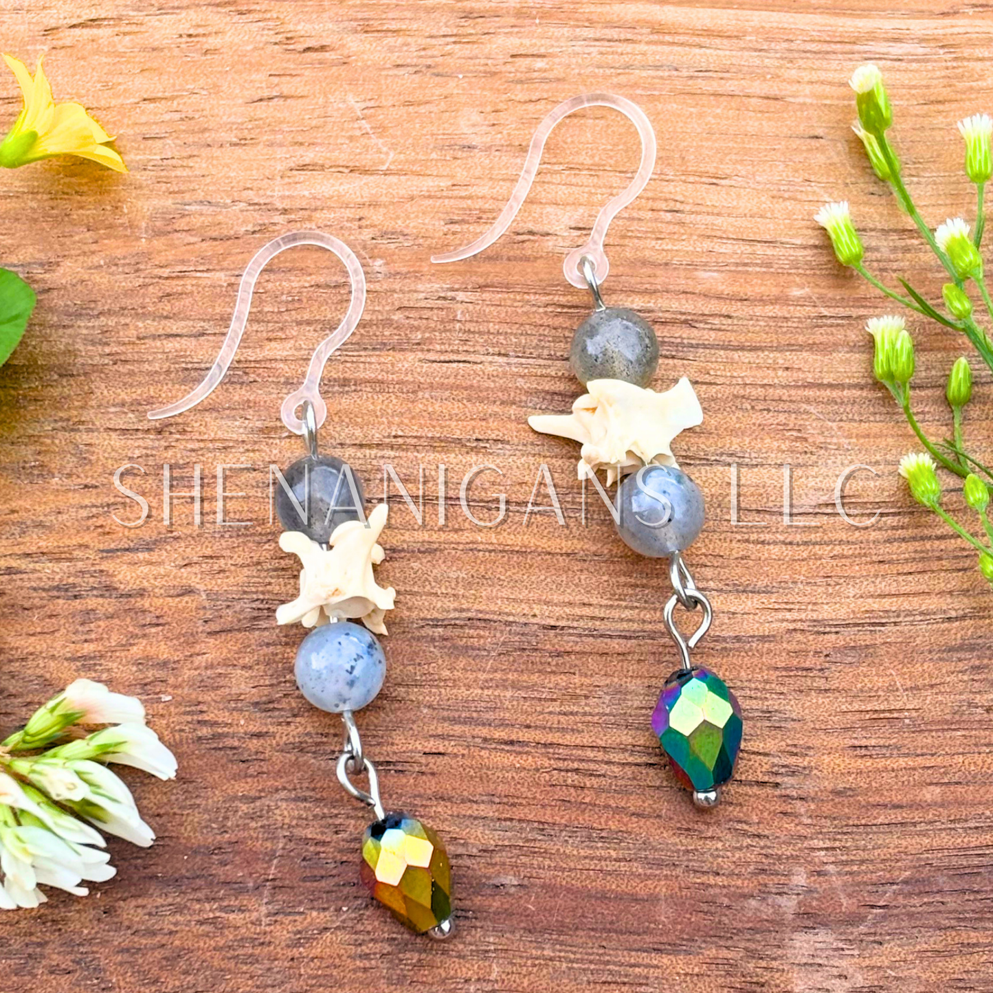 Rattlesnake Vertebrae Dangle Earrings with Crystal & Black Briolette