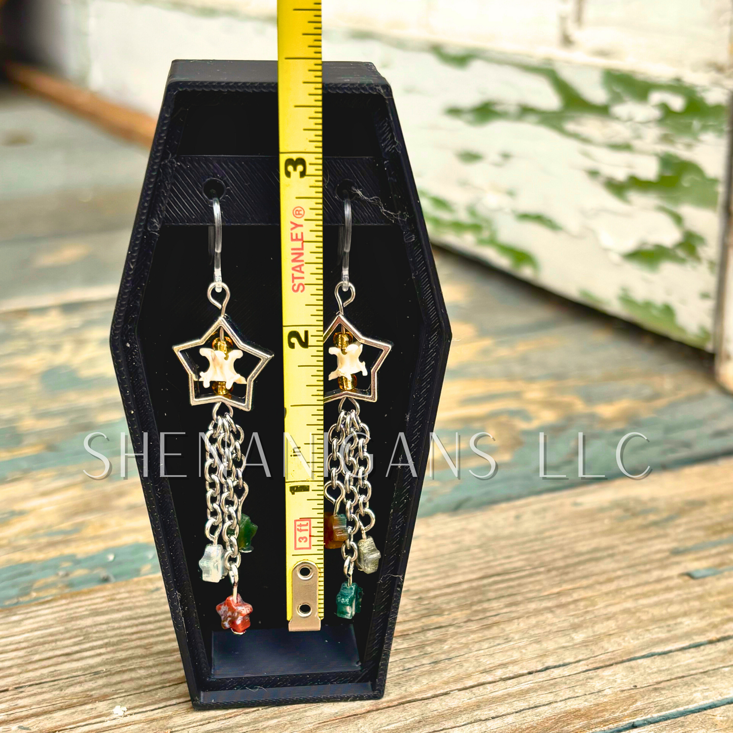 Shooting Star Earrings with Ocean Jasper Stars & Rattlesnake Vertebrae – Handmade Celestial Coffin Display