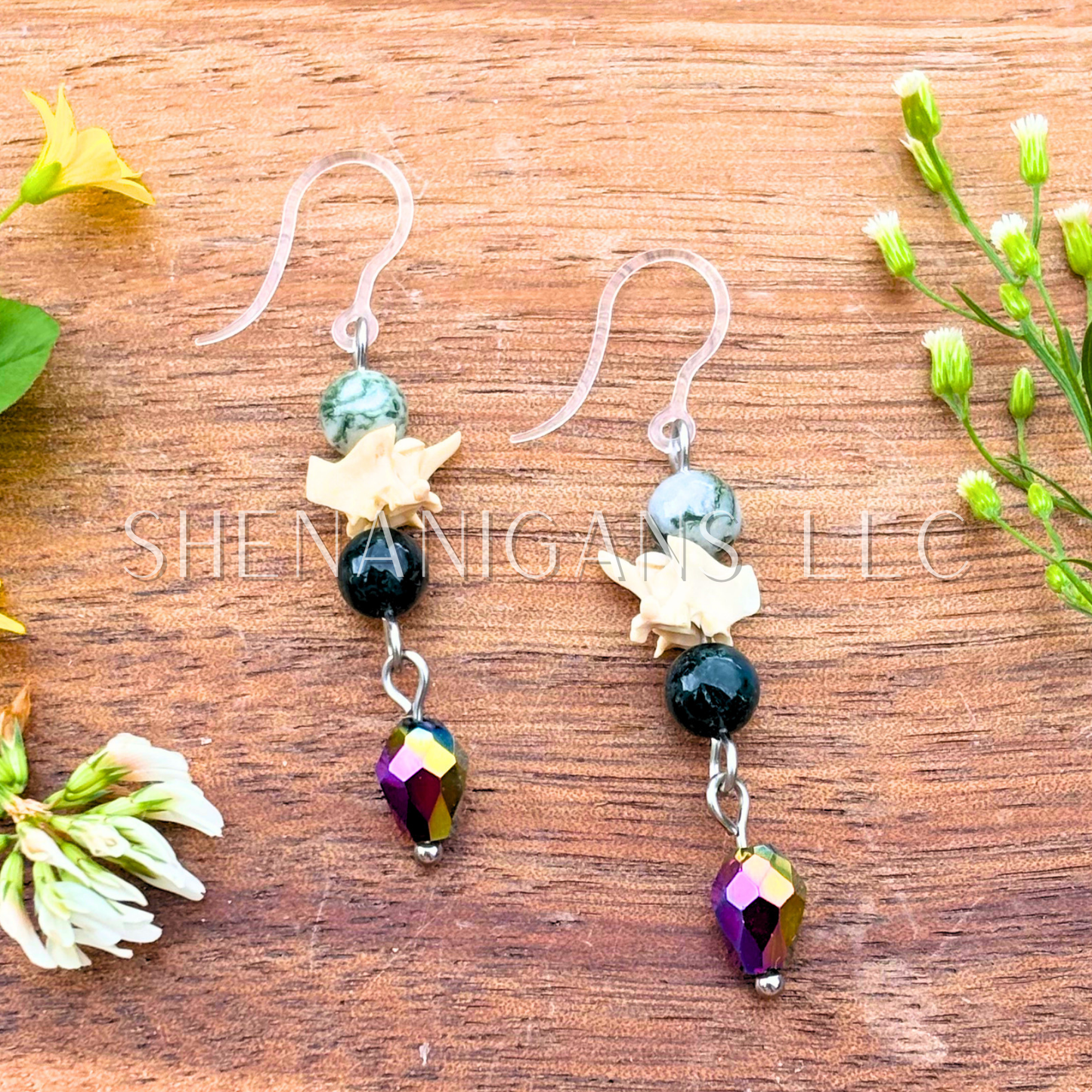 Rattlesnake Vertebrae Dangle Earrings with Crystal & Black Briolette