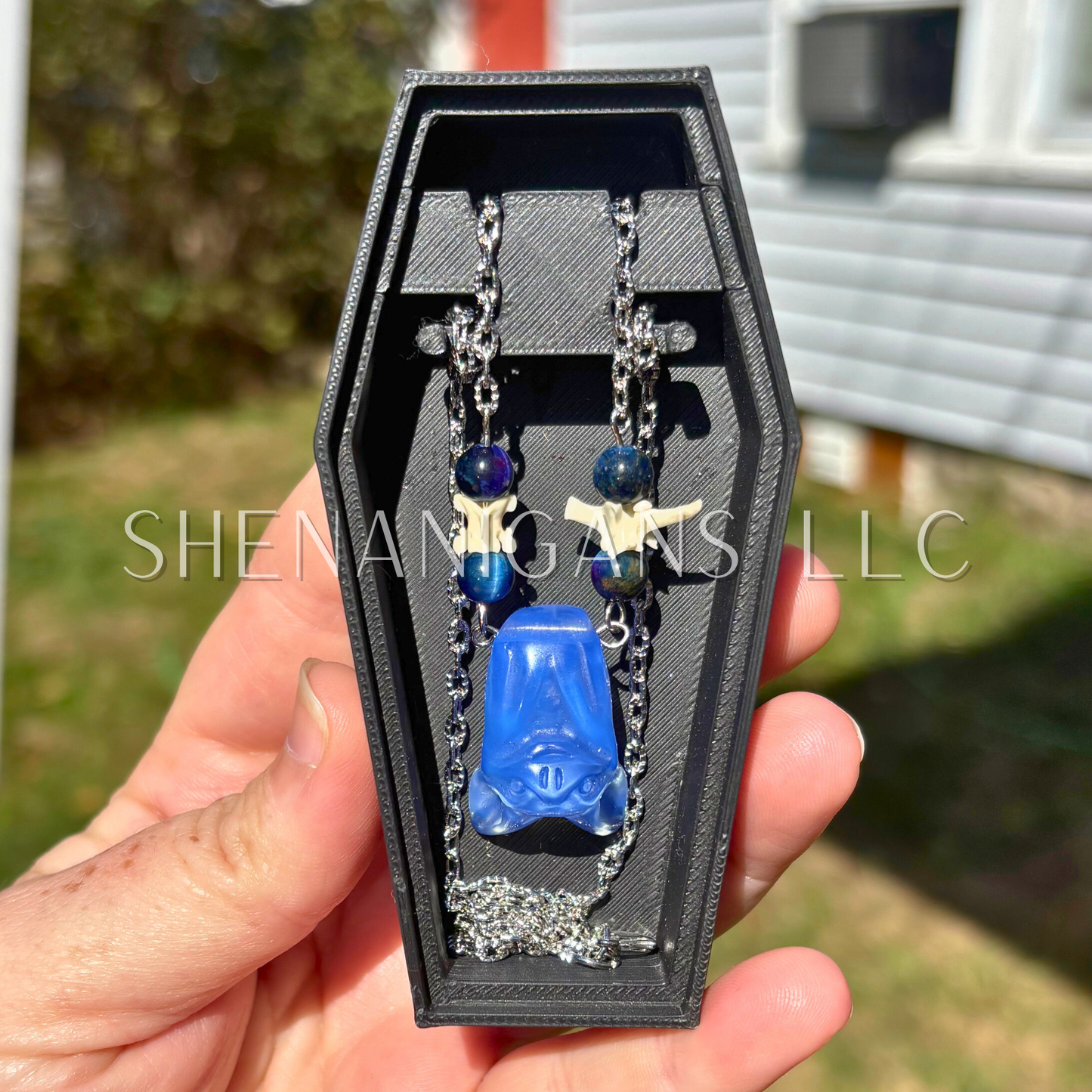 Blue Opalite Bat Necklace – Crystal Carving with Blue Galaxy Tiger’s Eye Beads
