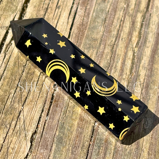 Printed Stars and Moon on Obsidian Polished Point Mineral Specimen Gemstone Crystal Obelisk Wand