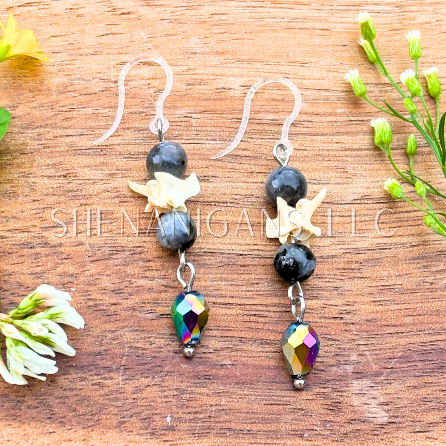 Rattlesnake Vertebrae Dangle Earrings with Crystal & Black Briolette