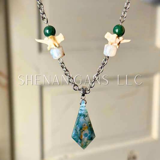 Moss Agate Teardrop Diamond Pendant Necklace with Snake Vertebrae