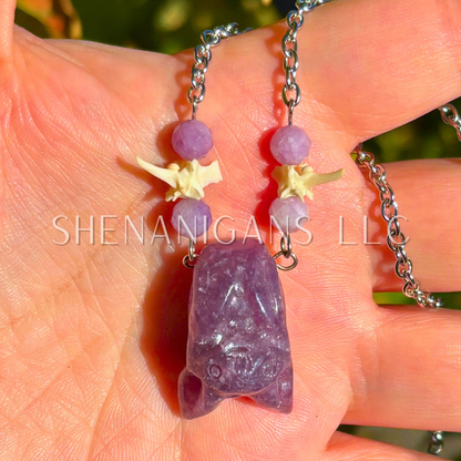 Fruit Bat Necklace – Lepidolite Bat with Lepidolite Beads and Snake Vertebrae