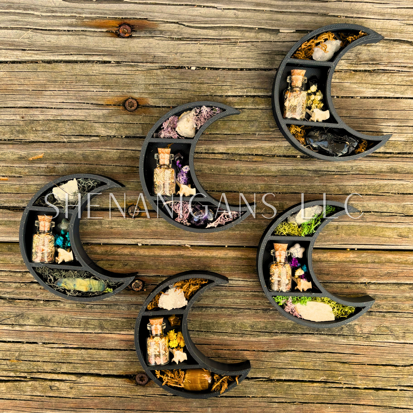 Peaceful Sleep Spell - Mini Crescent Moon Crystal Shelf | 3D Printed Moon Display with Handpicked Crystals, Moss & Trinkets Magnet