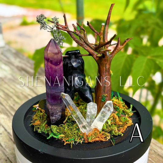 Obsidian Hanging Crystal Bat in Graveyard - Bubble Cloche Dome Art