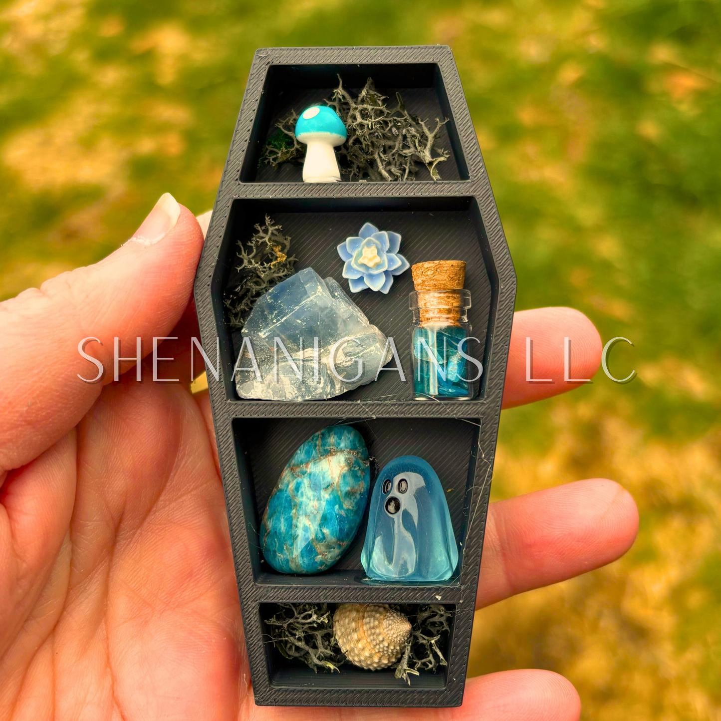 Mini Coffin Crystal Shelf | 3D Printed Moon Display with Handpicked Crystals, Moss & Trinkets Magnet