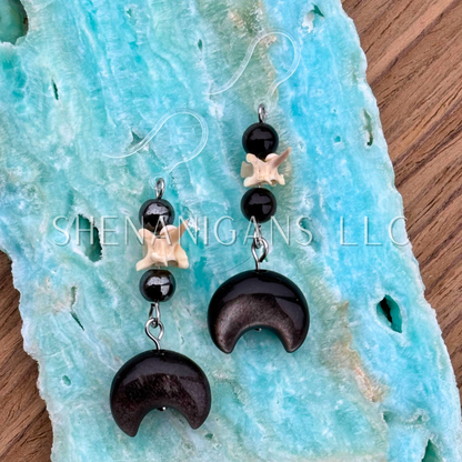 Silver Sheen Obsidian Crescent Moon Earrings
