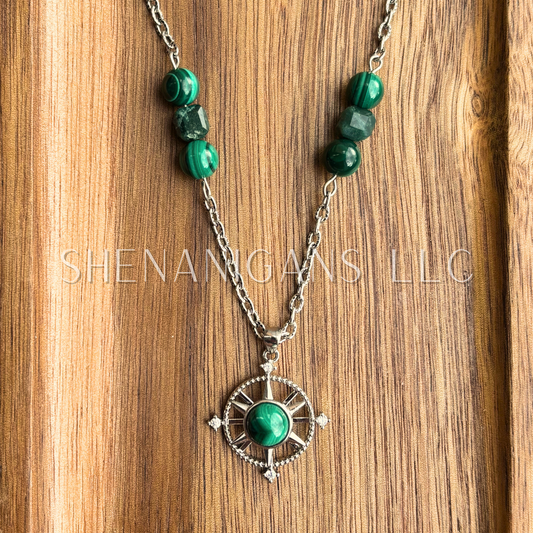 Malachite Spinning Fidget Compass Pendant Necklace