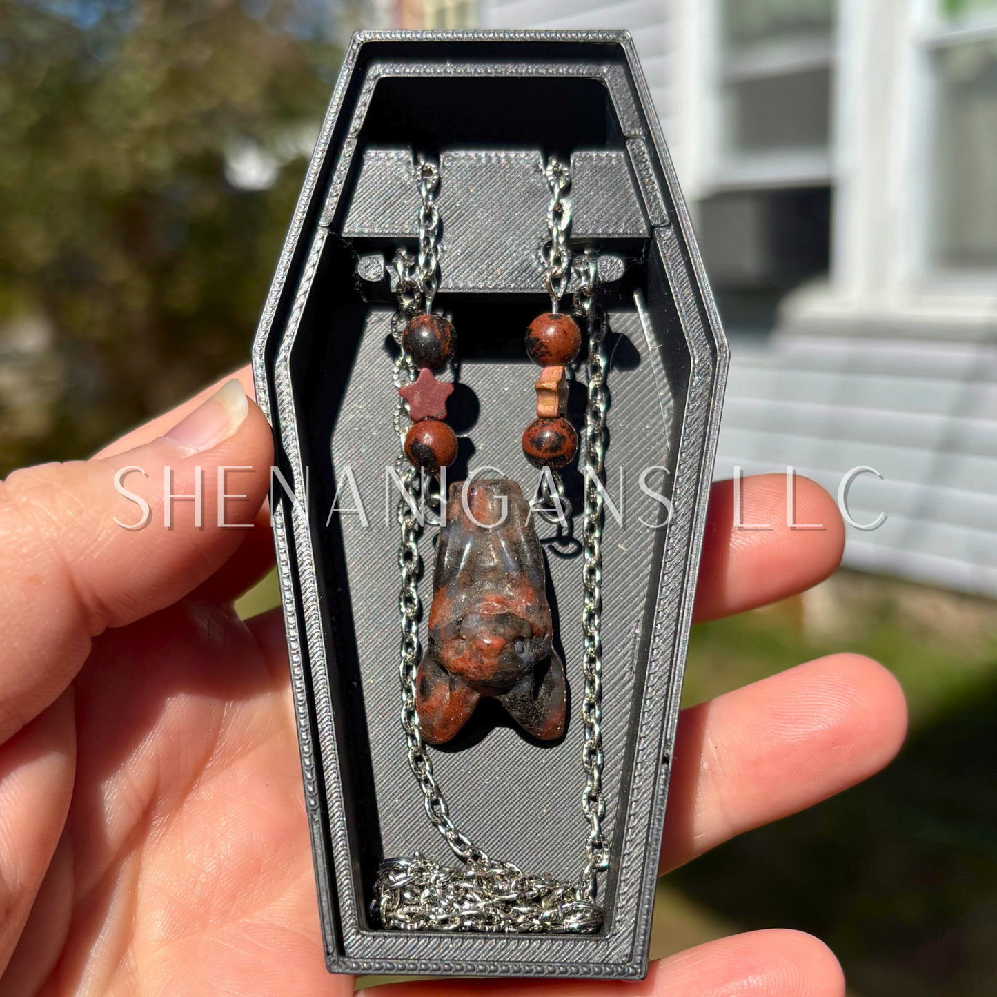 Mahogany Obsidian Bat Necklace – Crystal Carving with Mahogany Obsidian Beads