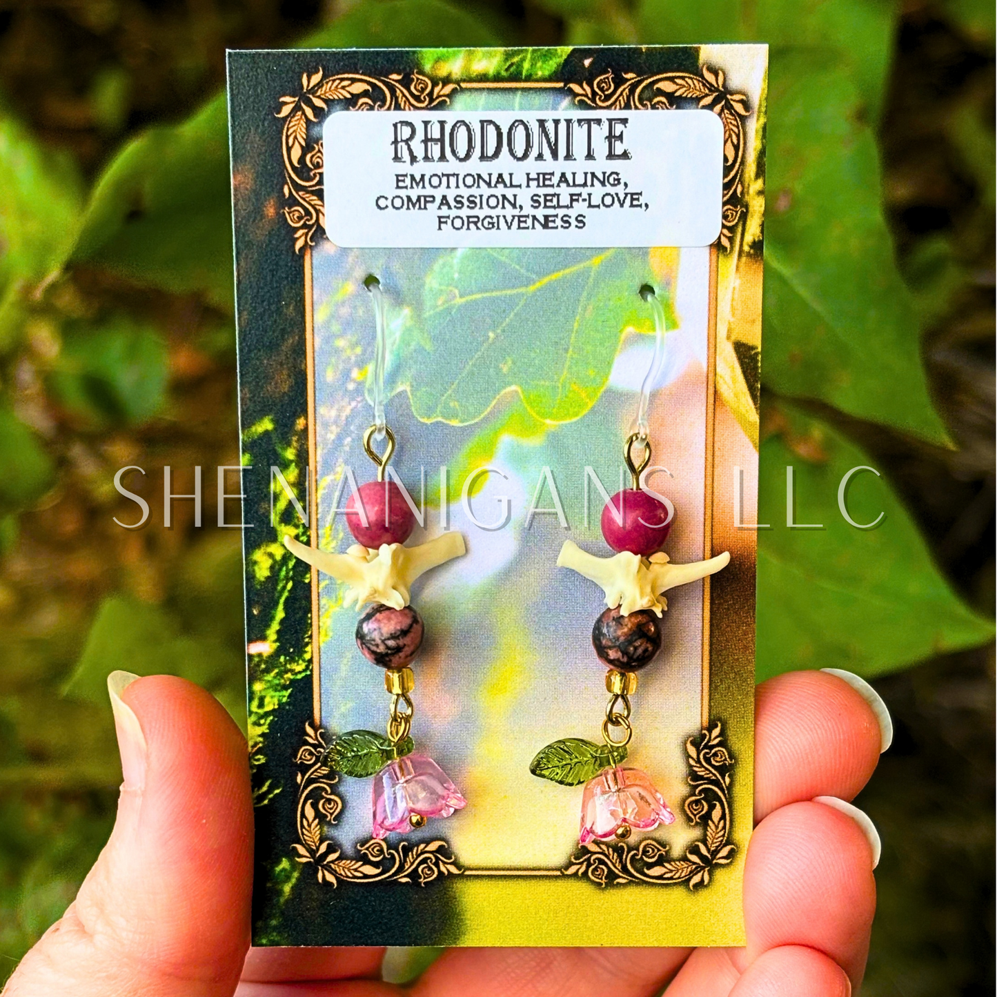 Bell Flower Dangle Earrings with Snake Vertebrae and Crystal Beads