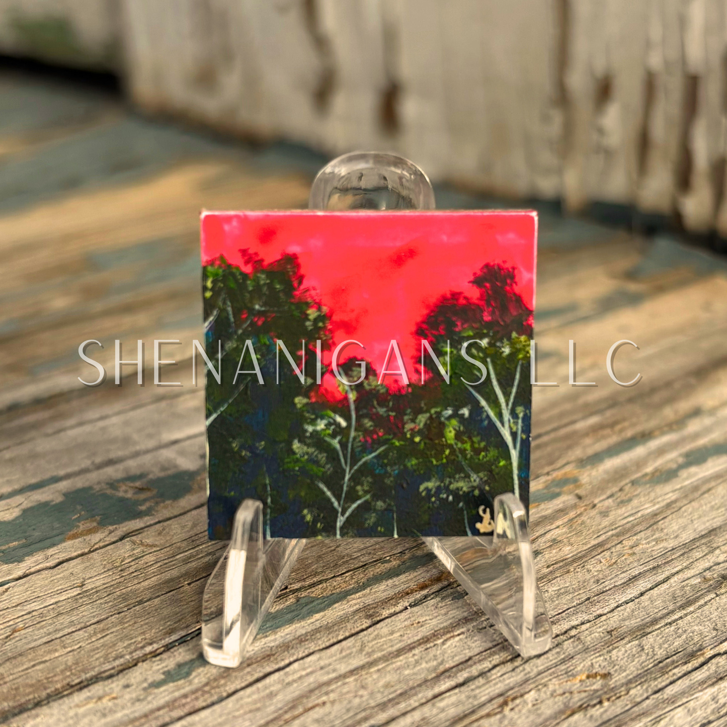 Red Night Sky Mini Tile Painting by IrisISBeauty - Handpainted Micro Art