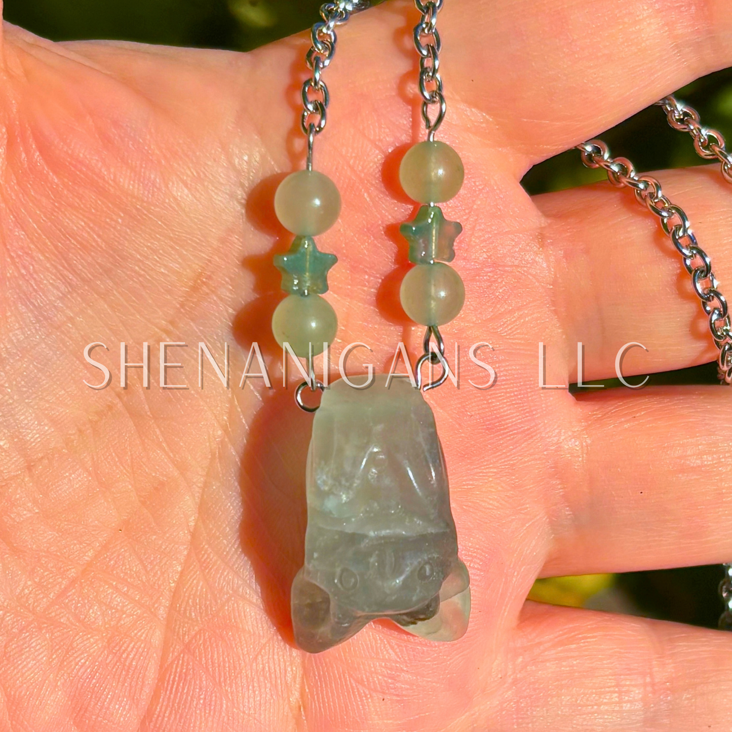 Fruit Bat Necklace – Green Fluorite Bat with Fluorite Beads