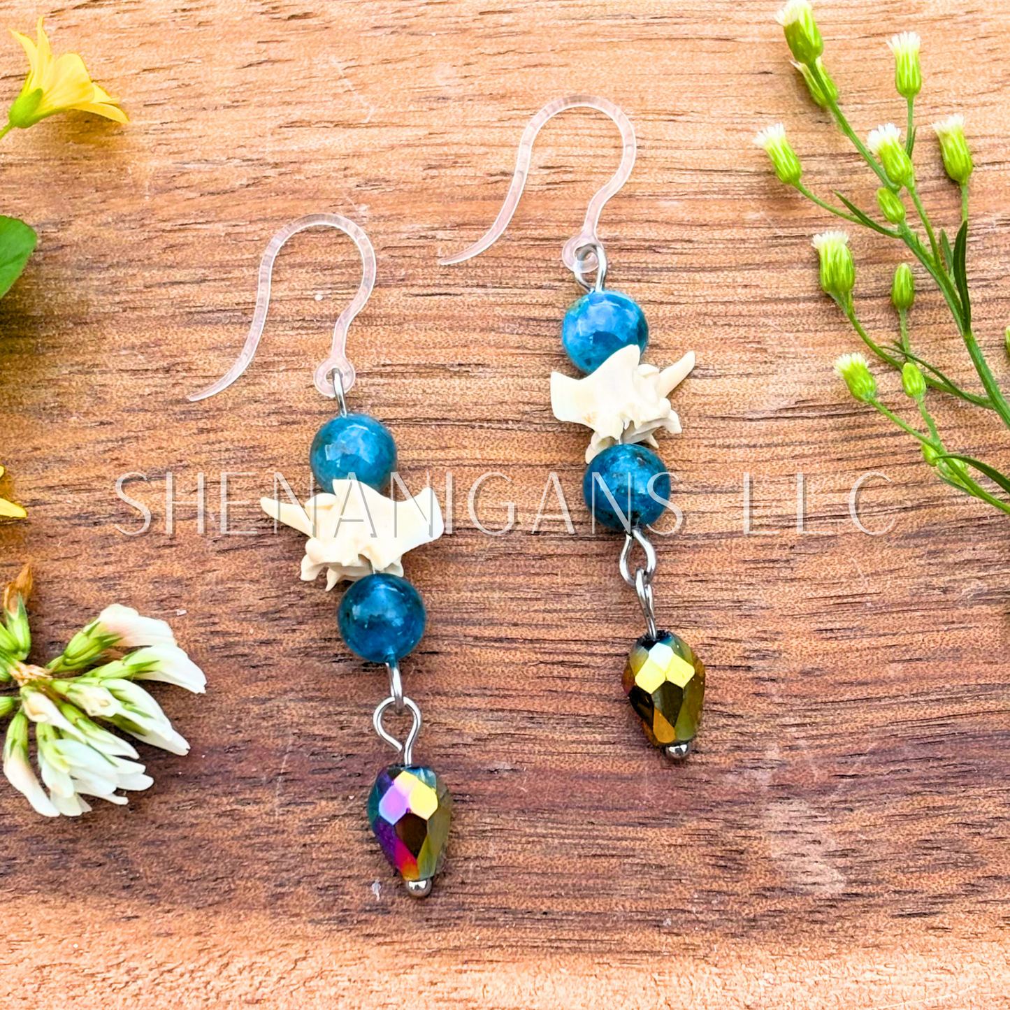 Rattlesnake Vertebrae Dangle Earrings with Crystal & Black Briolette