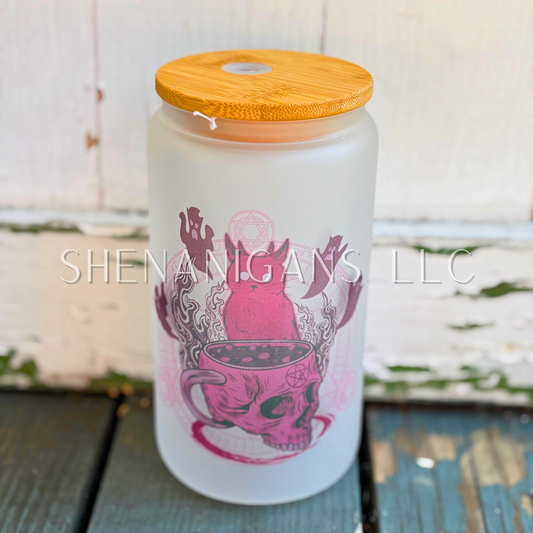 Demon Kitty, Summoning, Skull Coffee Mug, Glass Tumbler, Ghost, Spirits, Summoning Circle