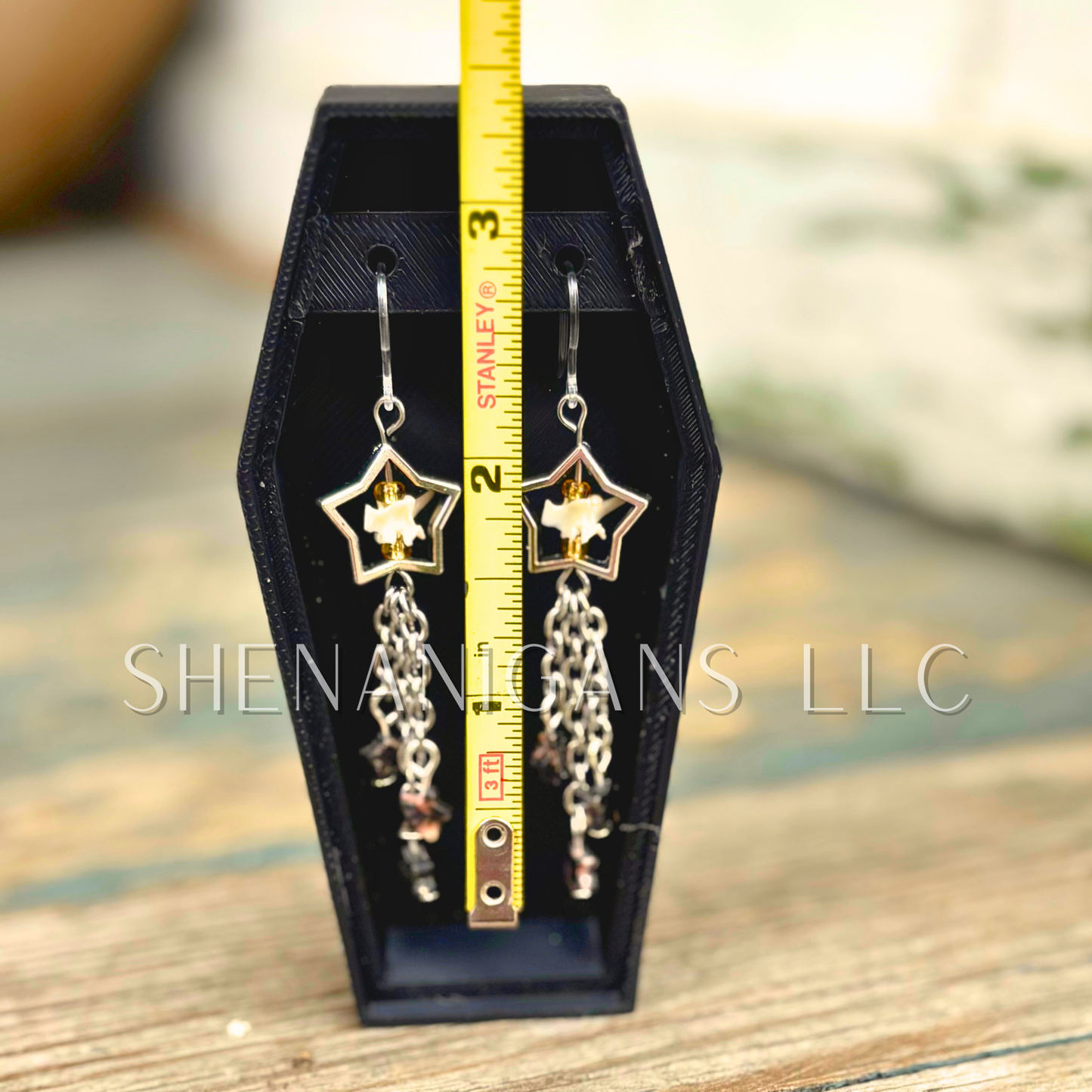 Shooting Star Earrings with Rhodonite Stars & Rattlesnake Vertebrae – Handmade Celestial Coffin Display