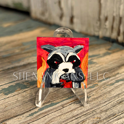 Trash Panda, Racoon Mini Tile Painting by IrisISBeauty - Handpainted Micro Art