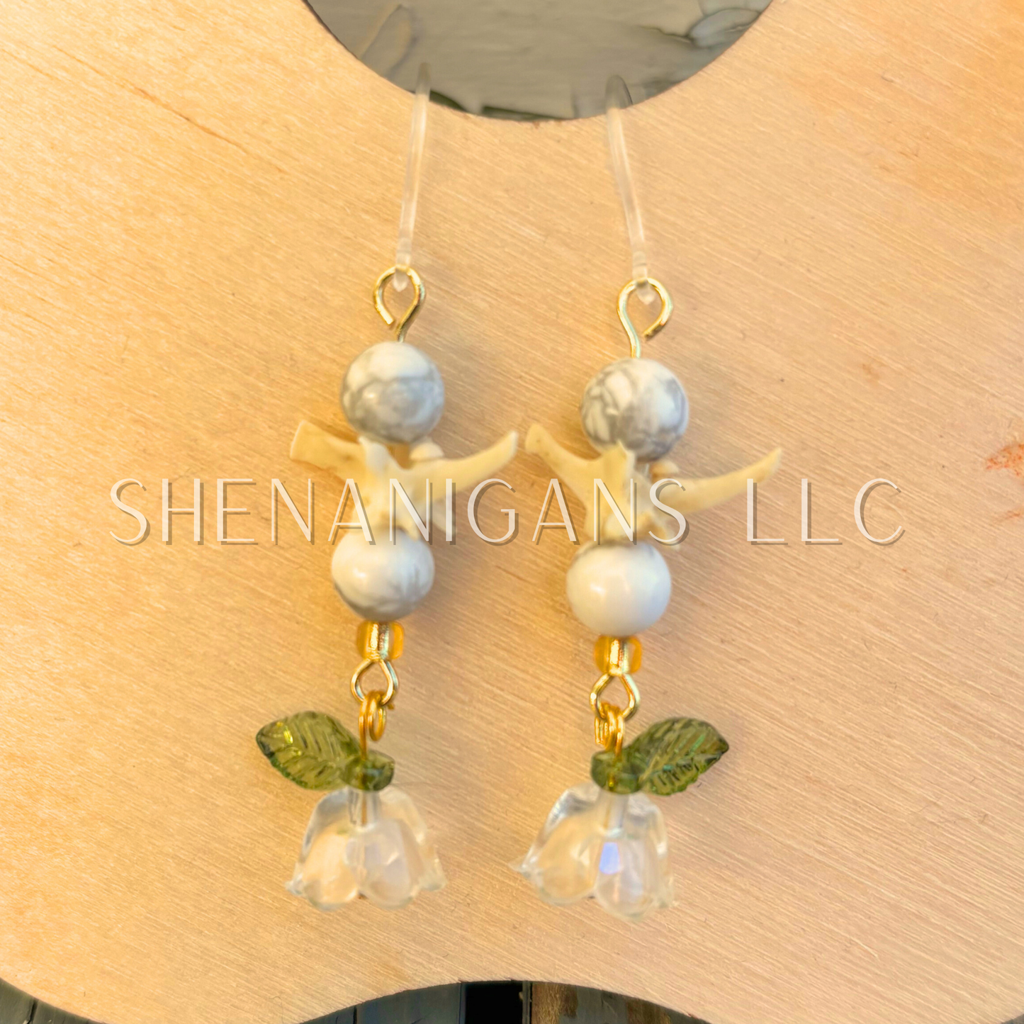 White and Gold Bell Flower Dangle Earrings with Snake Vertebrae and Crystal Beads