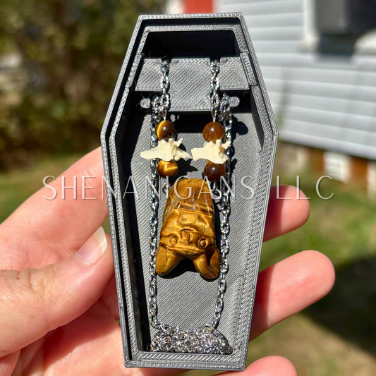 Tiger’s Eye Bat Necklace – Crystal Carving with Tiger’s Eye Beads & Silver Chain