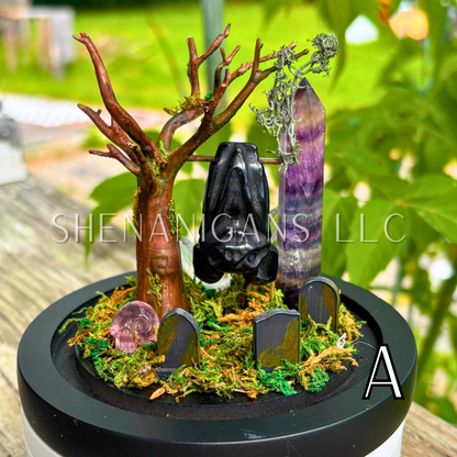 Obsidian Hanging Crystal Bat in Graveyard - Bubble Cloche Dome Art