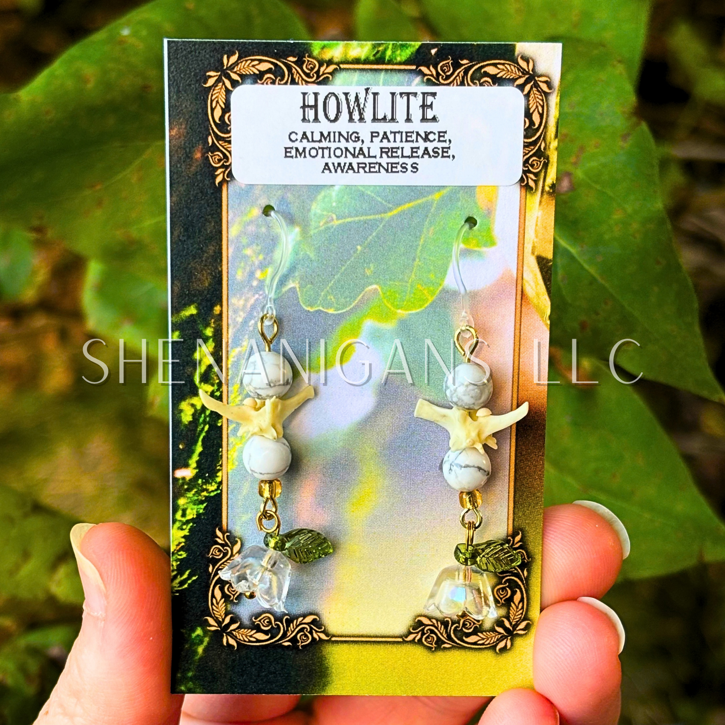 Bell Flower Dangle Earrings with Snake Vertebrae and Crystal Beads