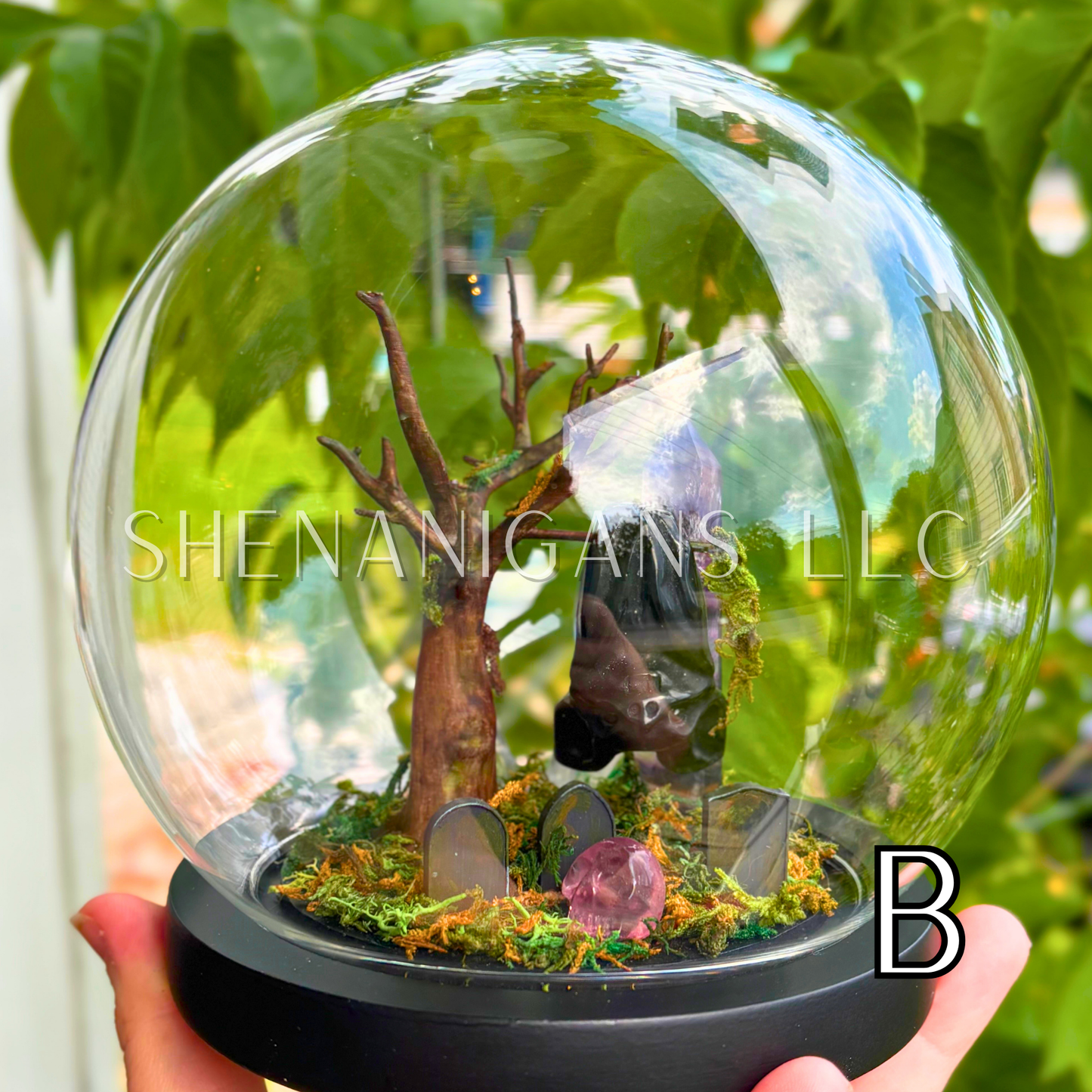 Obsidian Hanging Crystal Bat in Graveyard - Bubble Cloche Dome Art