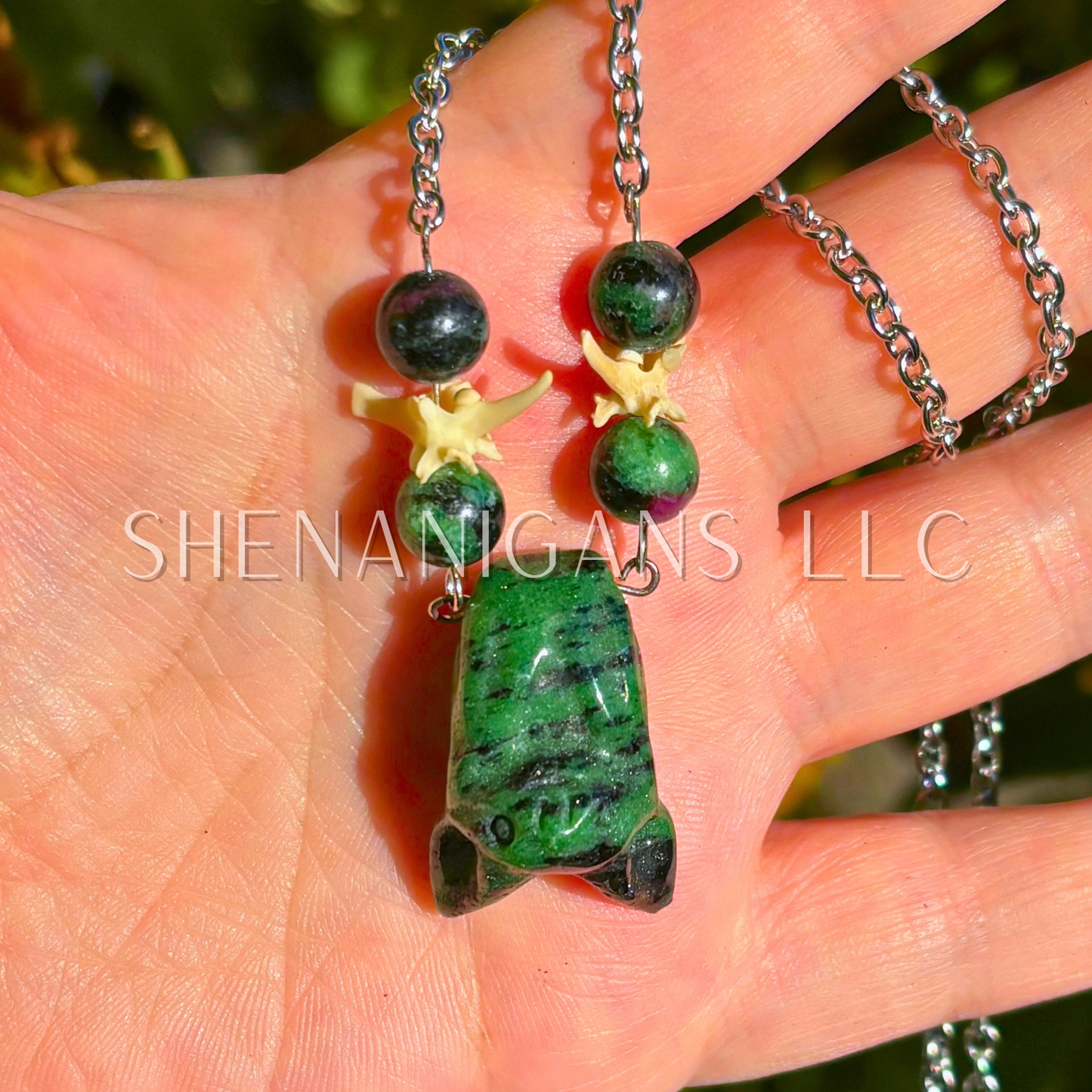 Fruit Bat Necklace – Zoisite Bat with Ruby Zoisite Beads and Snake Vertebrae