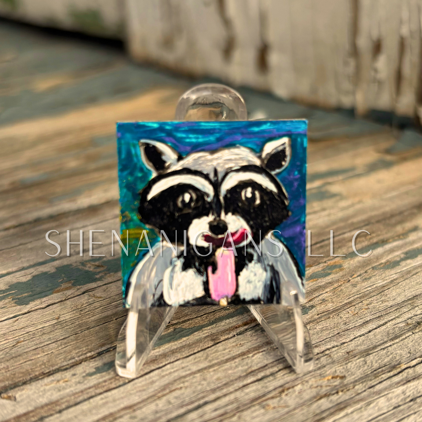 Trash Panda, Racoon Mini Tile Painting by IrisISBeauty - Handpainted Micro Art