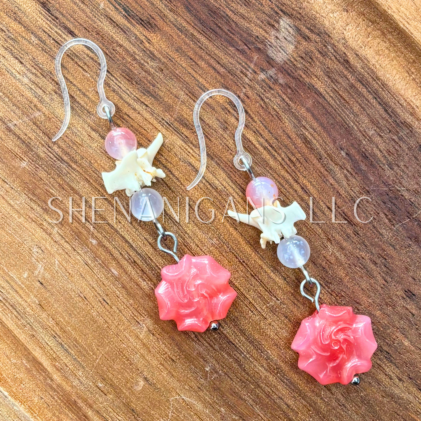 Yuanyuan Agate Peony Earrings with Rattlesnake Vertebrae
