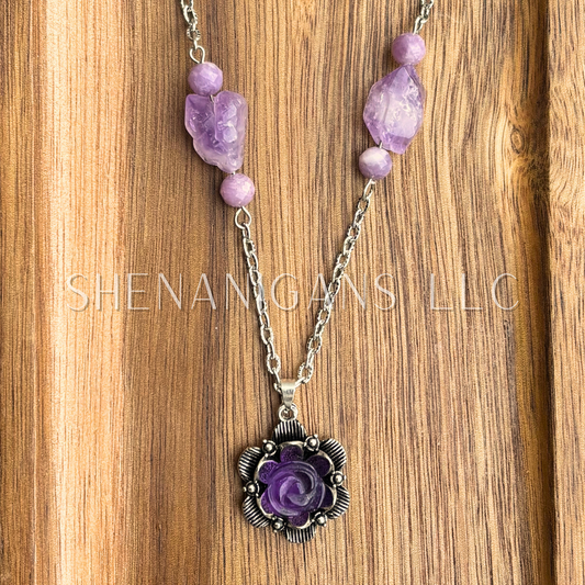 Amethyst Flower Pendant with Lepidolite Beads and Raw Amethyst Beads Necklace